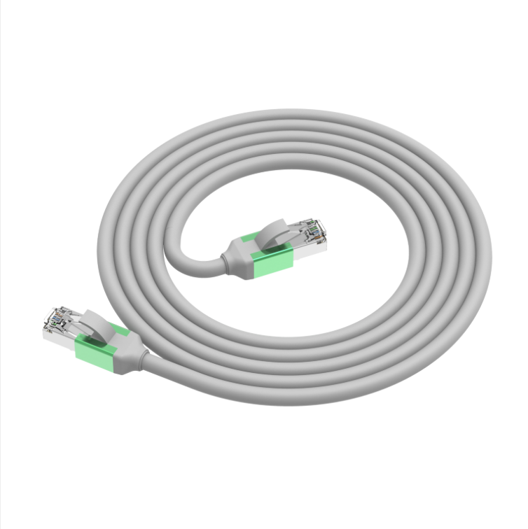 Gray Ethernet cable with green connectors on a white background