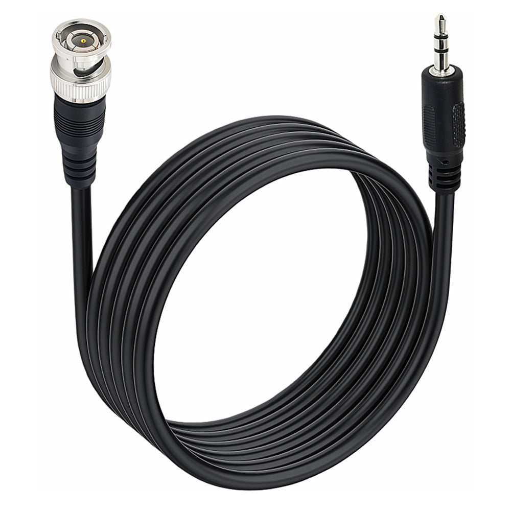 Coiled cable with BNC male connector on one end and 3.5mm male plug on the other, on a white background.