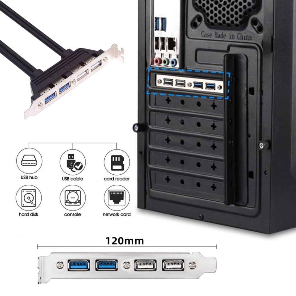 Internal USB 2.0 & USB 3.0 4-Port Female Panel Mount Cable to 9-Pin + 20-Pin Motherboard Header – 50cm with PCI Bracket