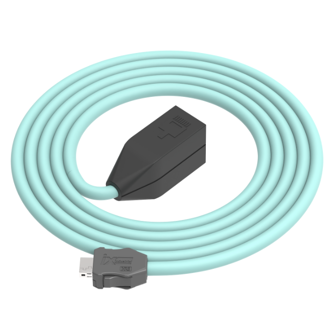 Light blue USB cable with black and gray connectors on a white background