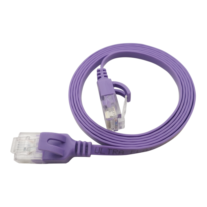 Purple Ethernet cable on a white background