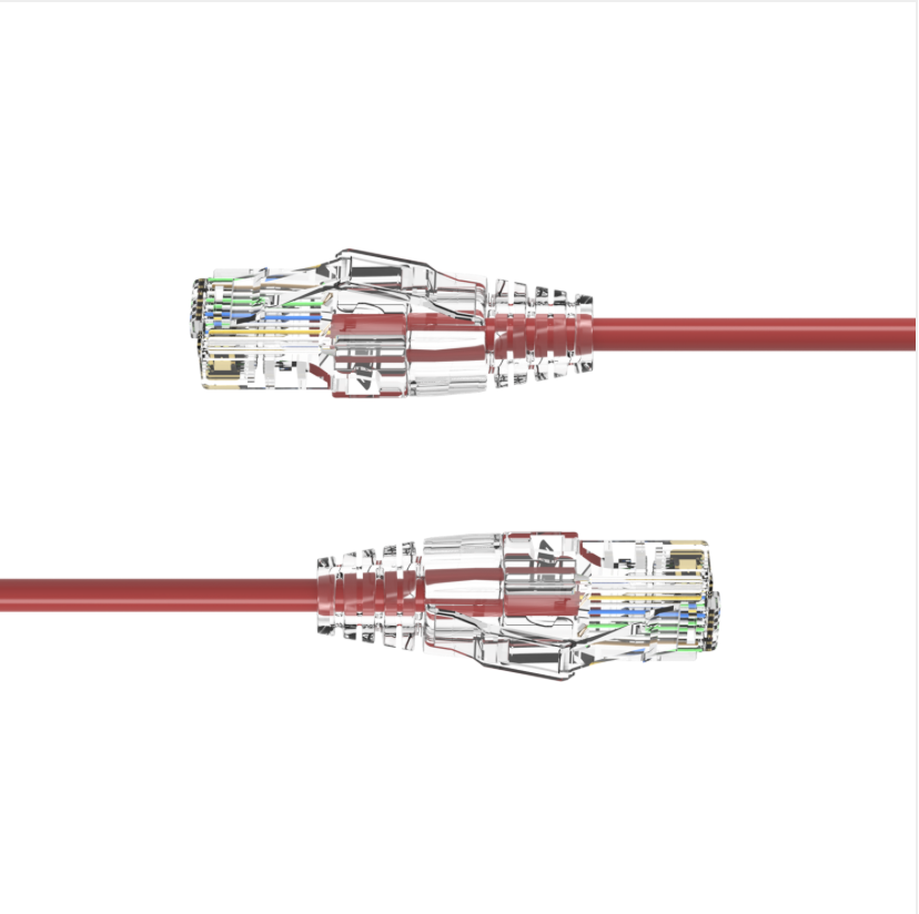 Red Ethernet cable with clear jacket on a white background