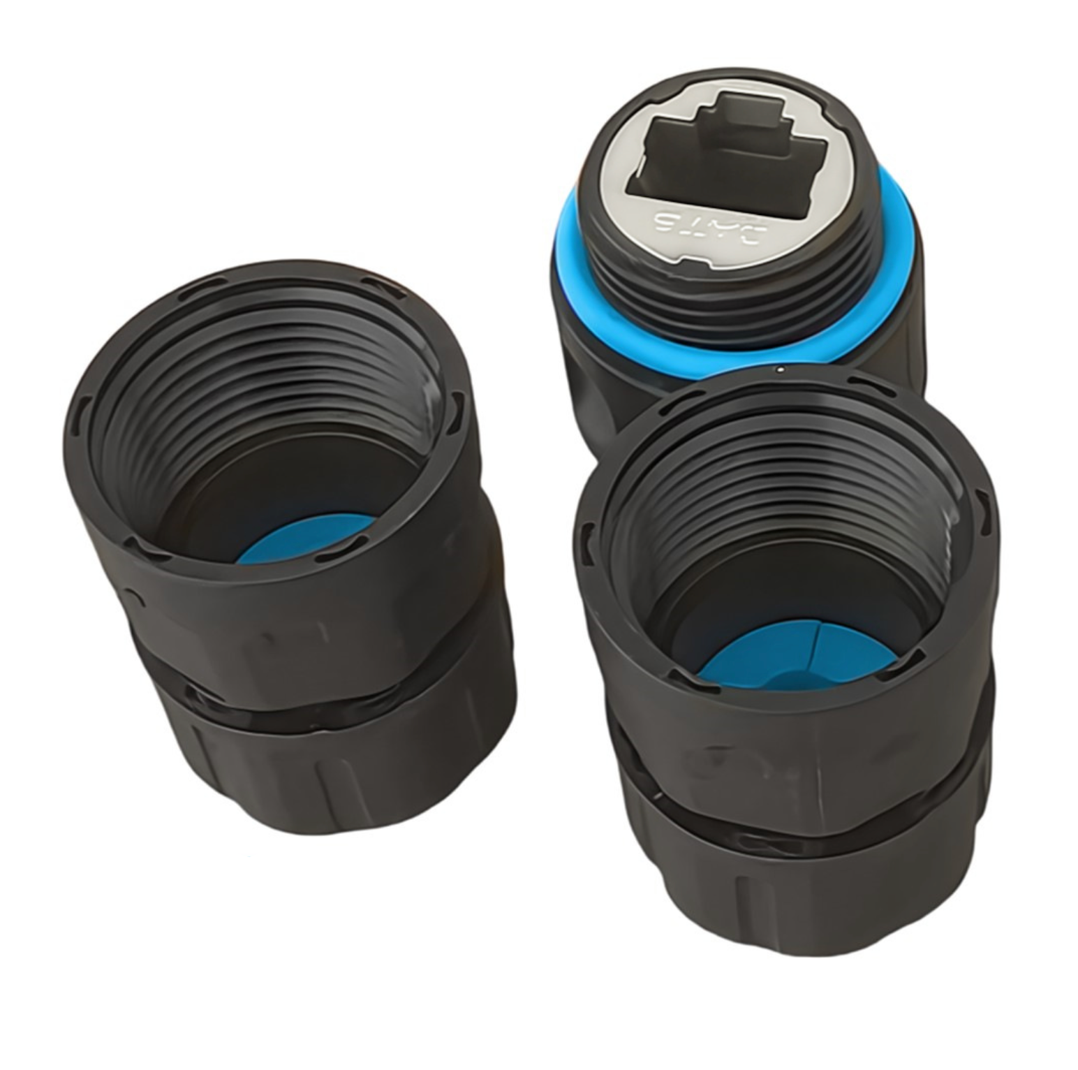 Three black plastic connectors with blue interior on a white background
