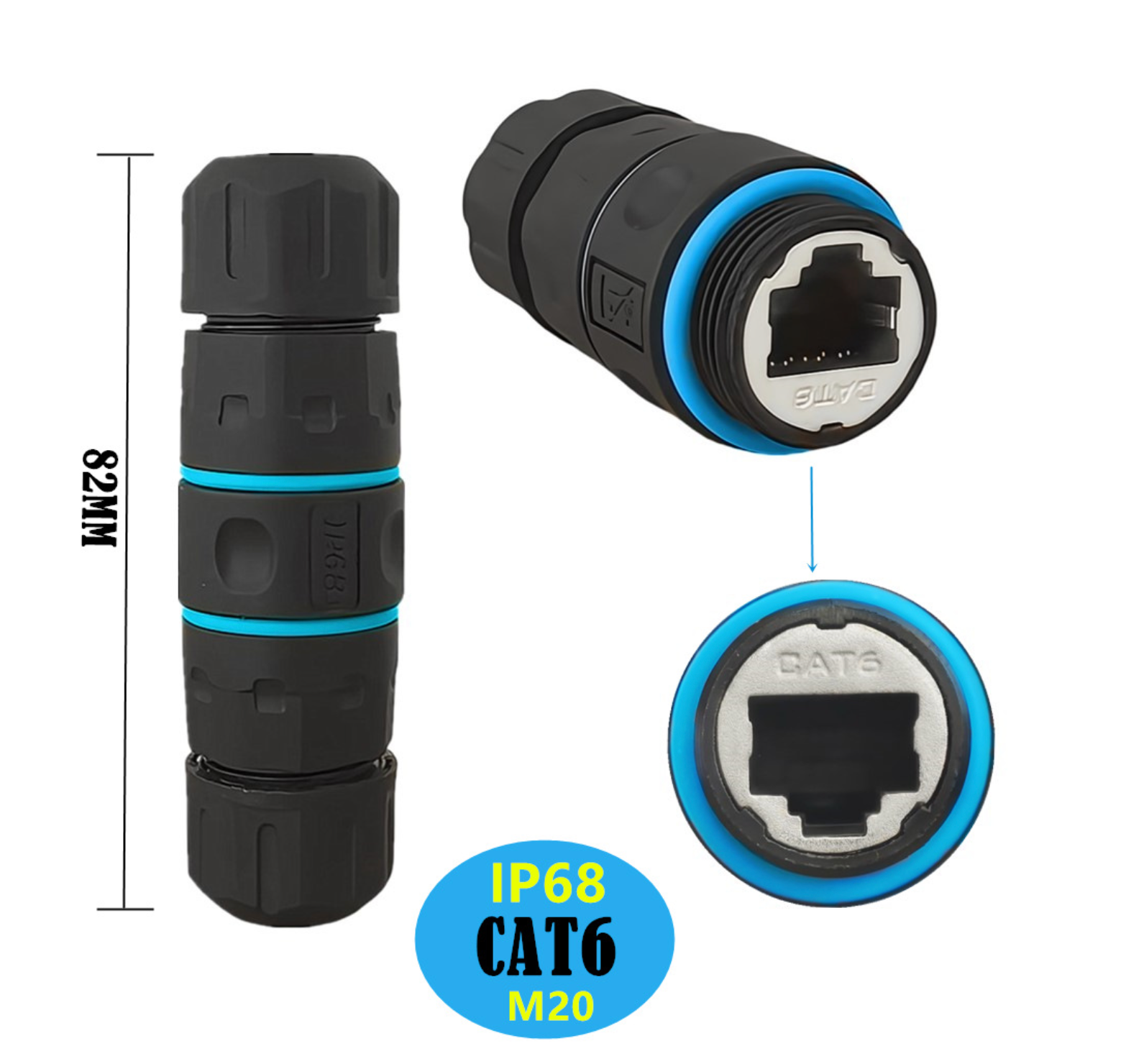Black and blue Ethernet cable connector with measurements and certification details on a white background
