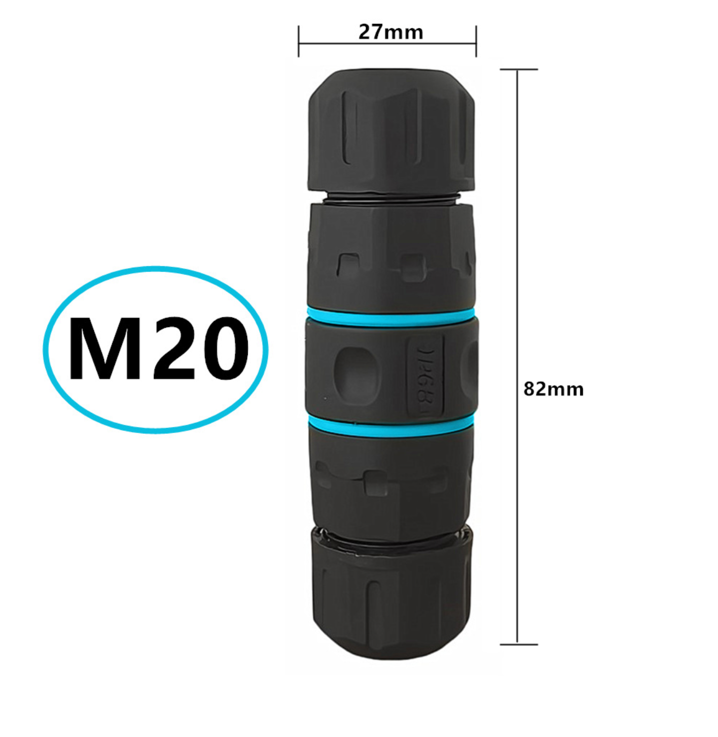 Black and blue cylindrical connector with measurements on a white background