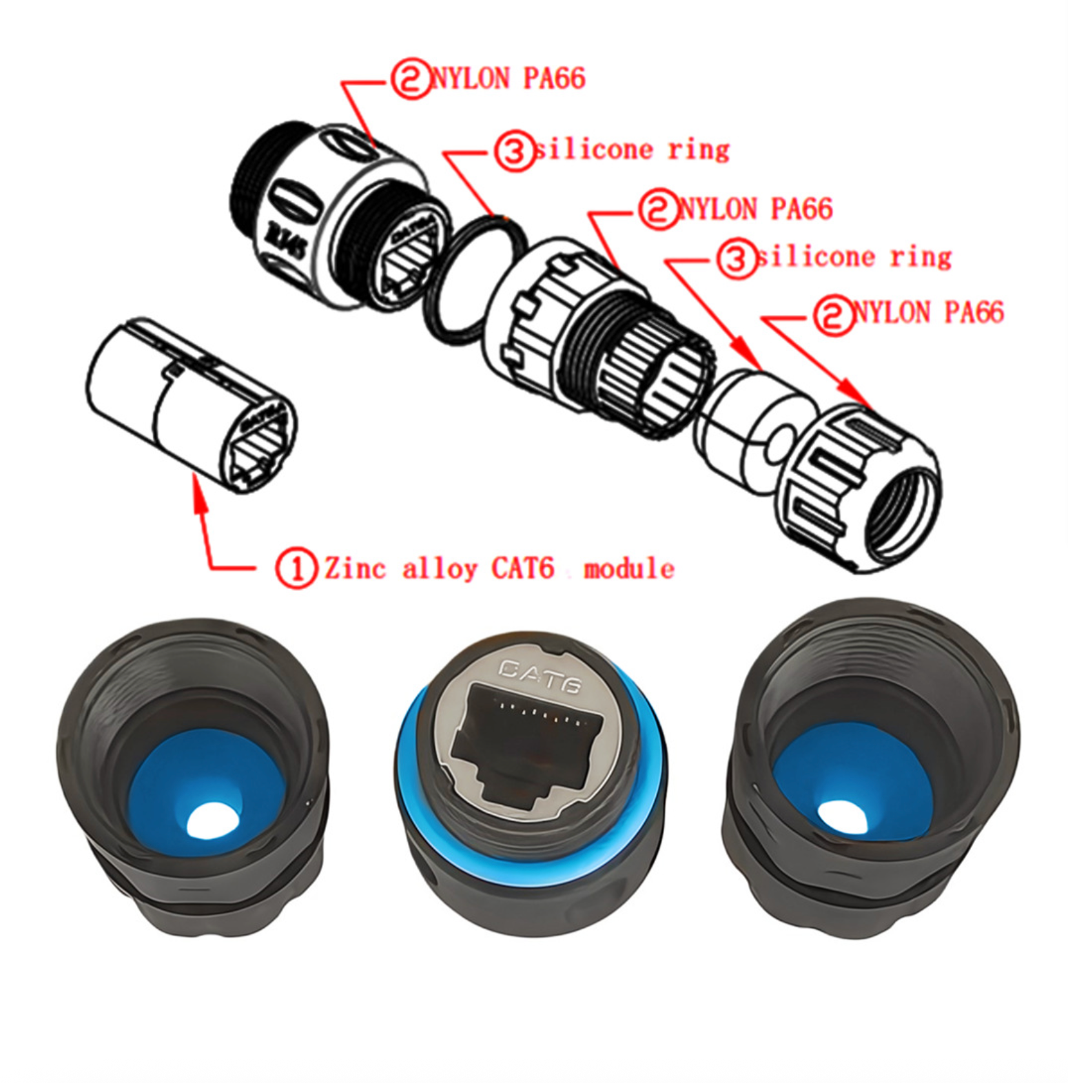 Technical diagram and close-up of a cable connector with labeled parts on a white background.