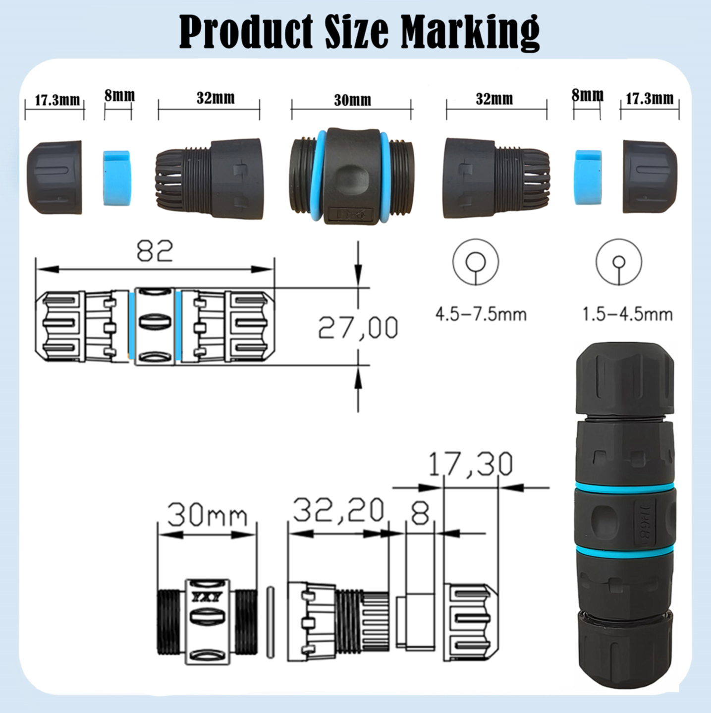 Technical diagram of a black and blue connector with measurements on a light blue background