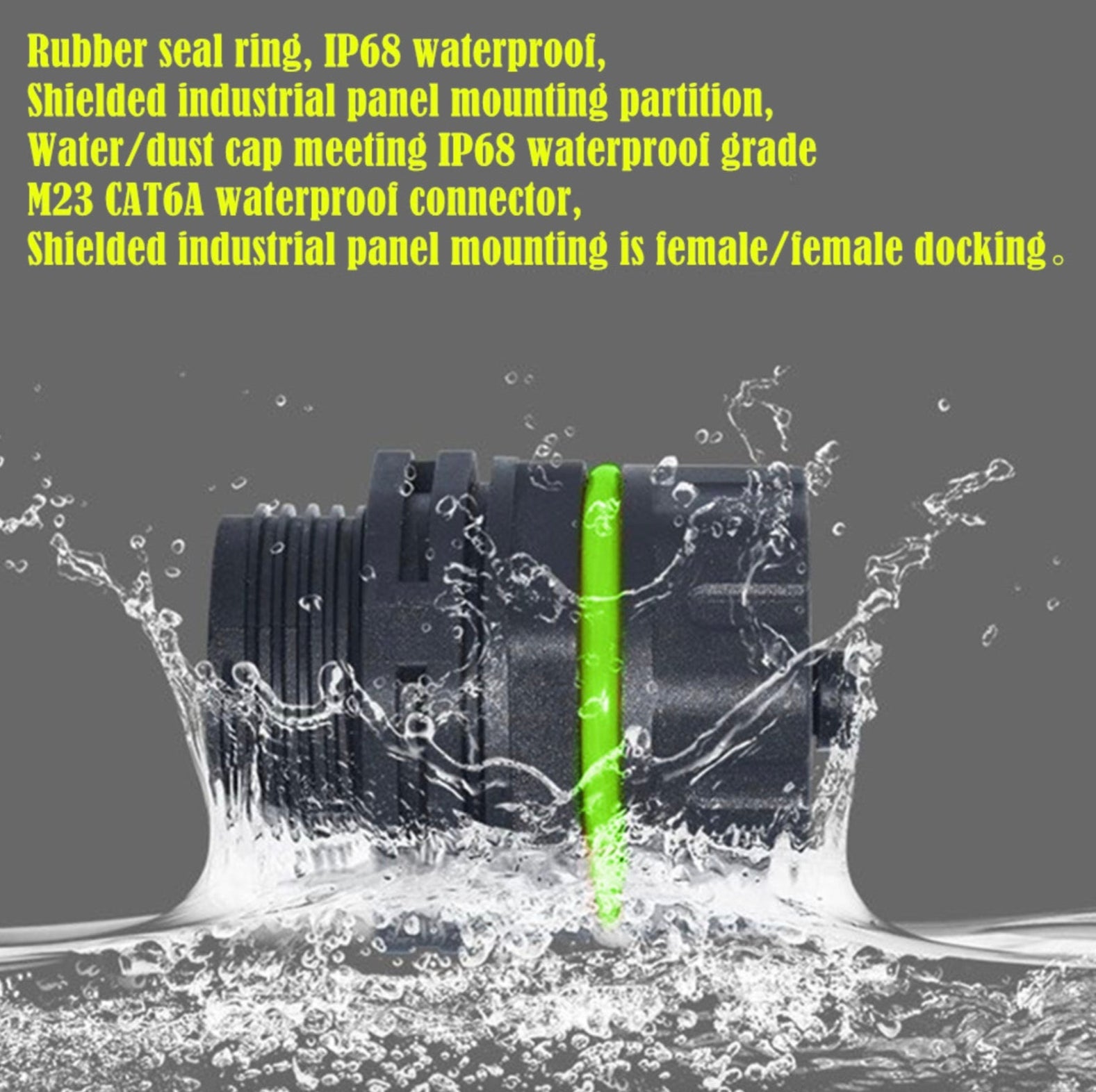 Waterproof connector with water splashes on a gray background