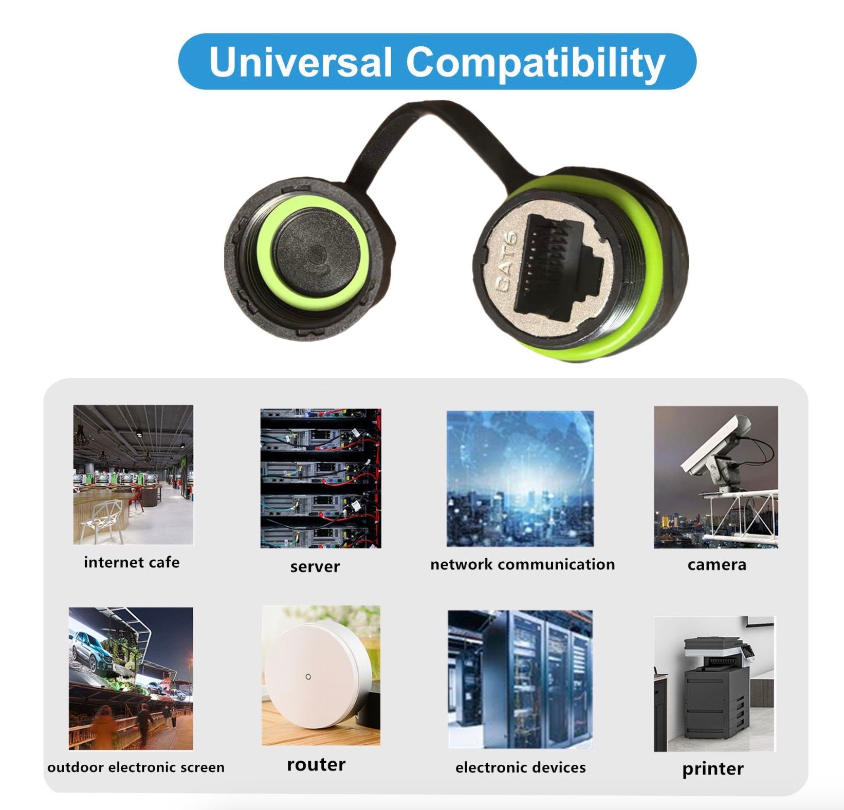 Two black and green electronic devices with compatibility in various settings.