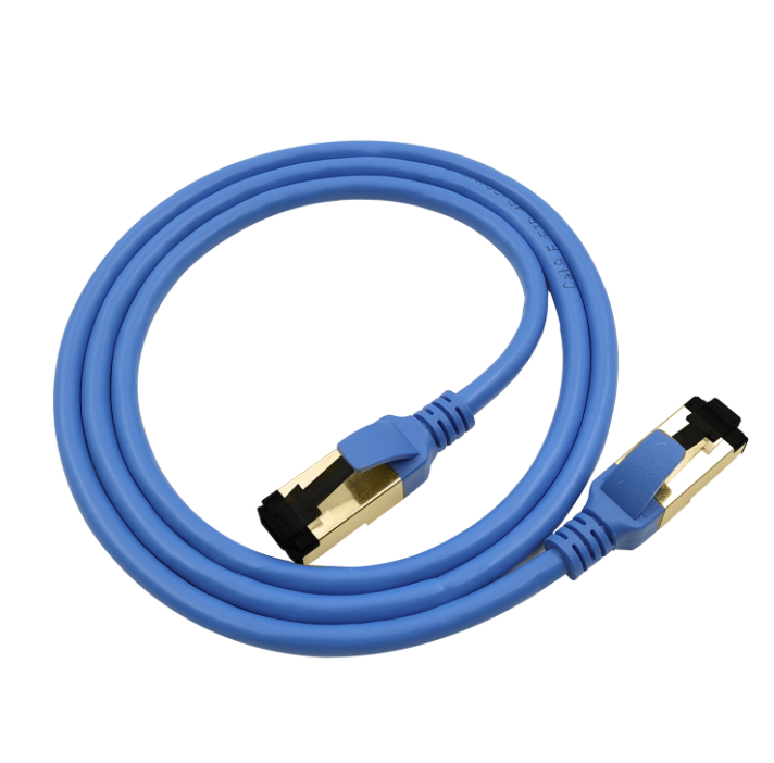 Blue Ethernet cable with gold connectors on a white background