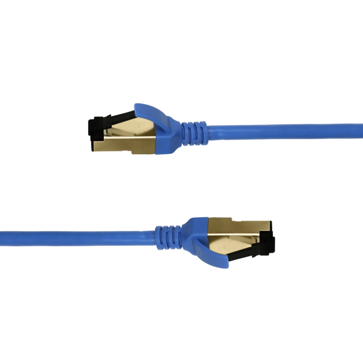 Blue Ethernet cable with gold connectors on a white background