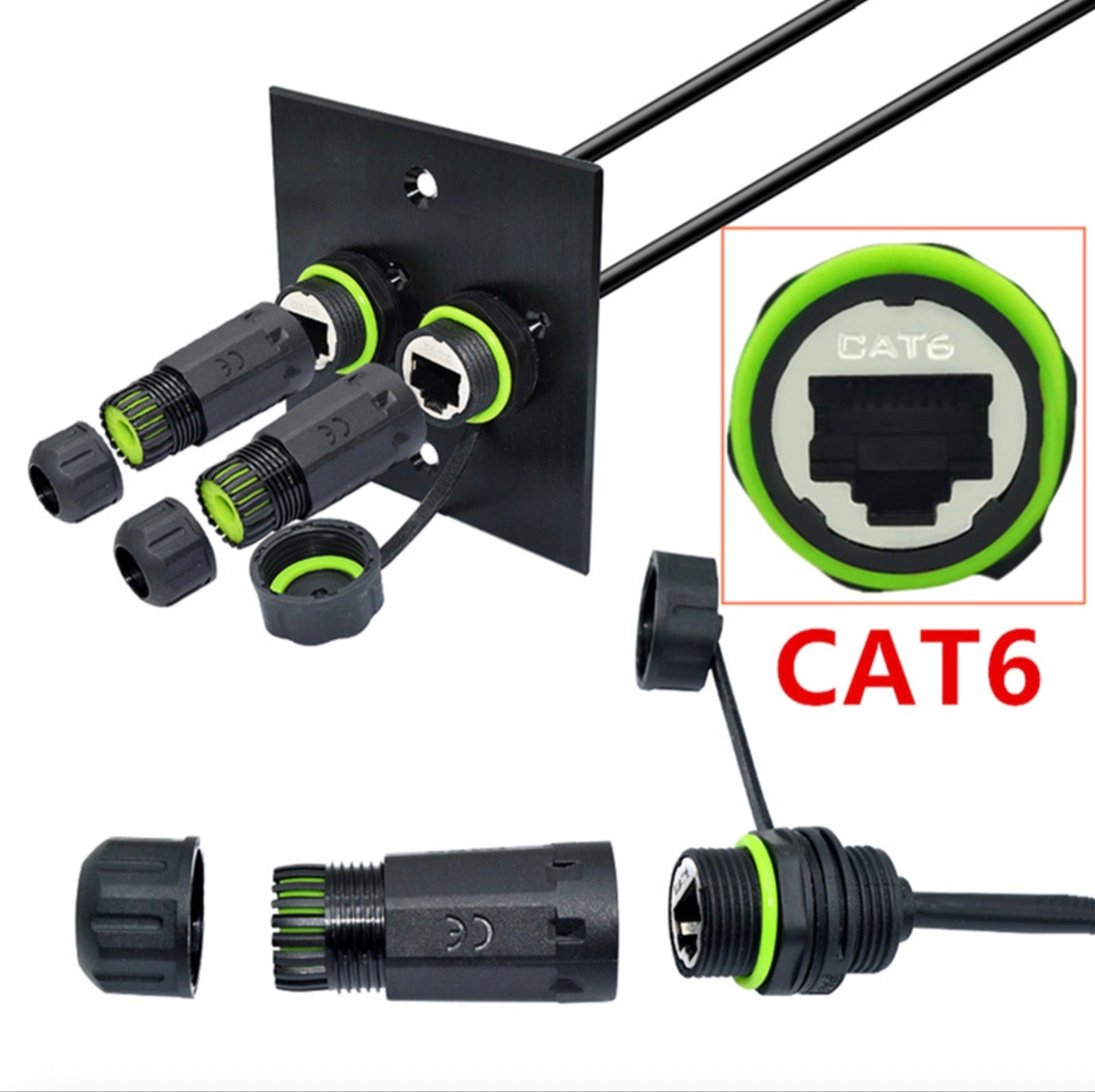 Cat6 cable connectors and junction box on a white background.