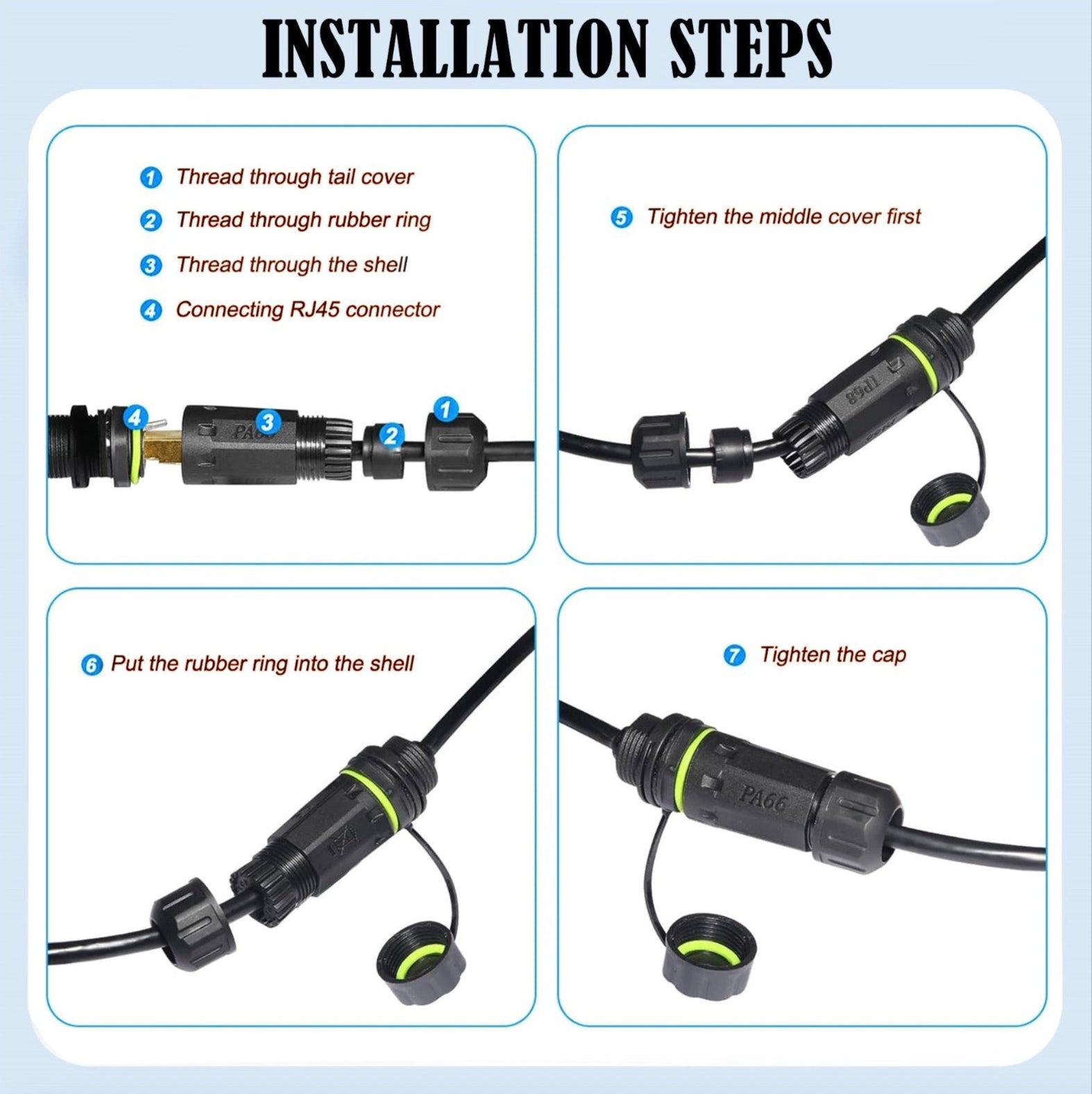 Step-by-step installation instructions for a cable connector on a light blue background.