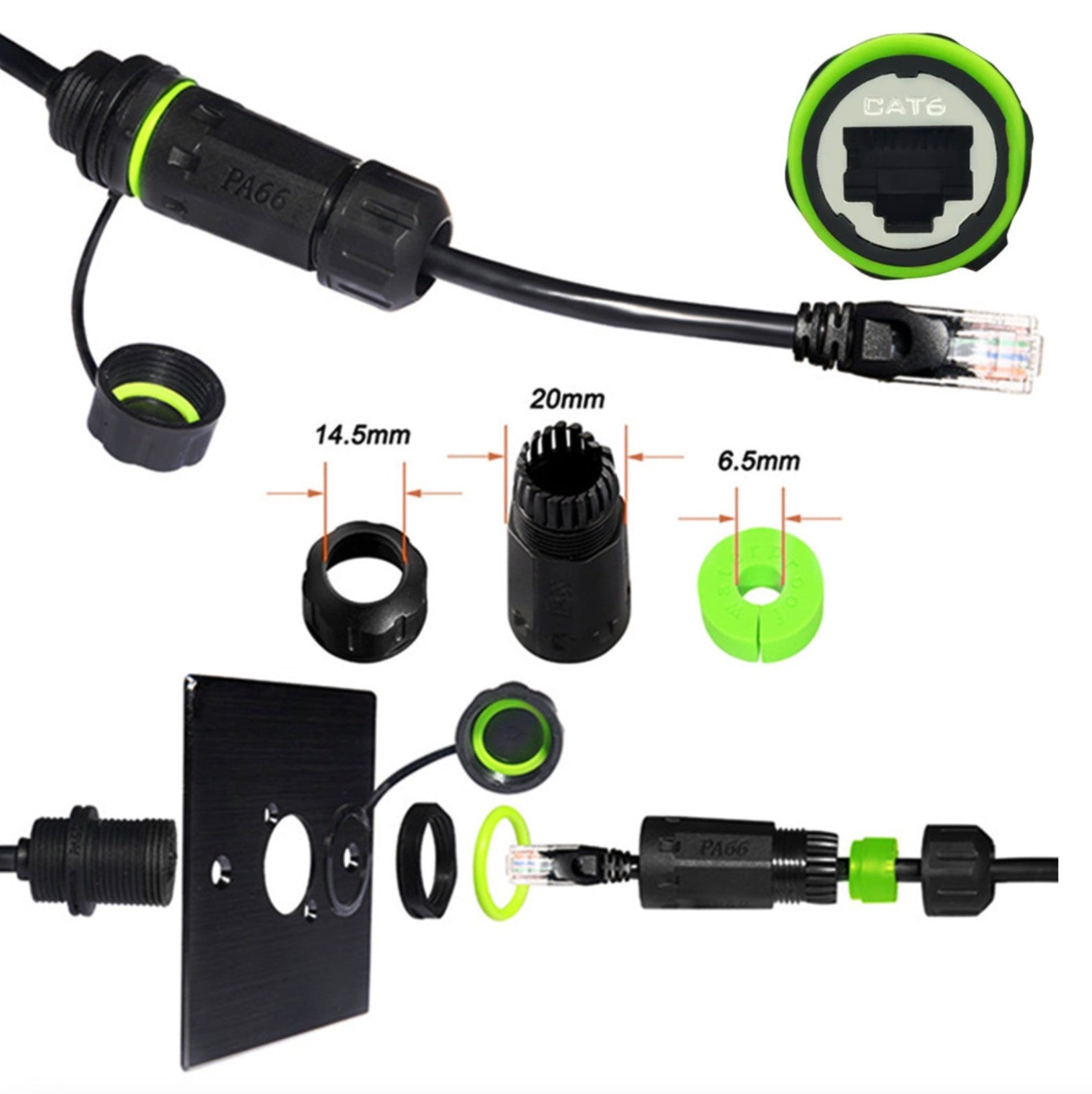 Components of an electrical connector with measurements and labels.
