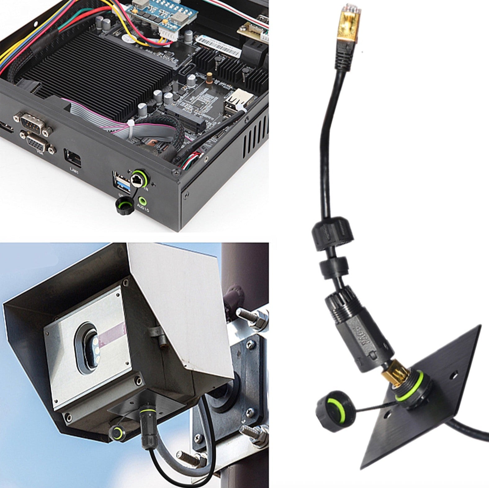 Computer hardware components including a motherboard and cable on a white background.