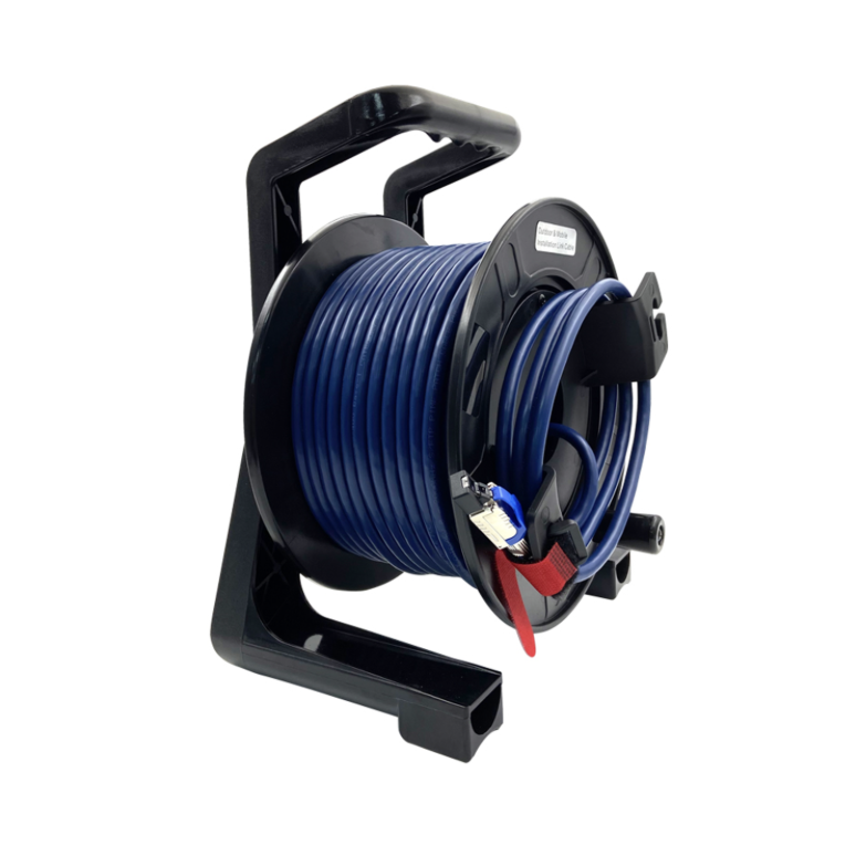 Black reel with blue cable on a white background