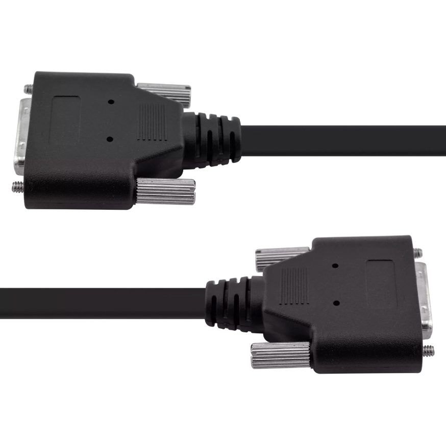 Close-up of MDR 26-pin male connector and captive thumbscrews on Camera Link cable