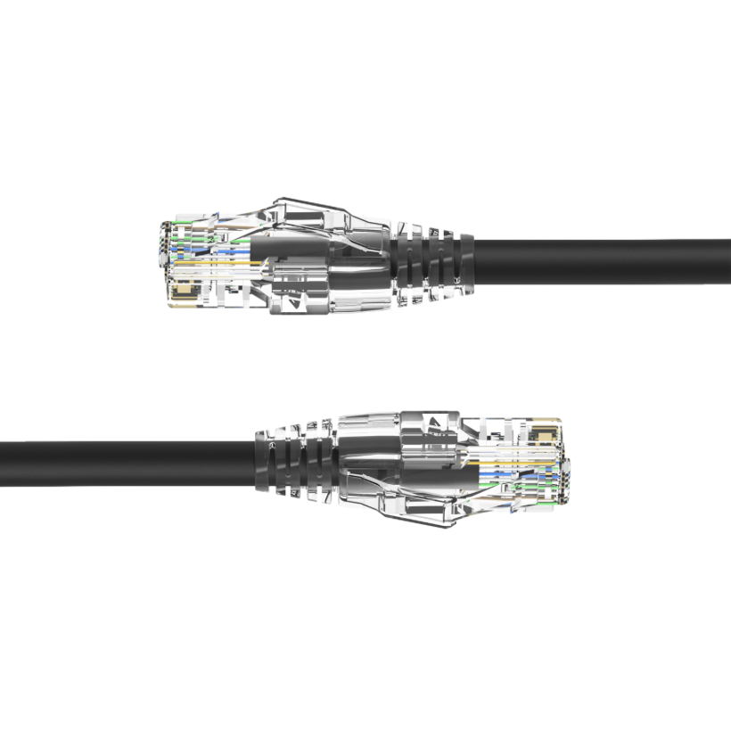 Two black Ethernet cables with clear connectors on a white background