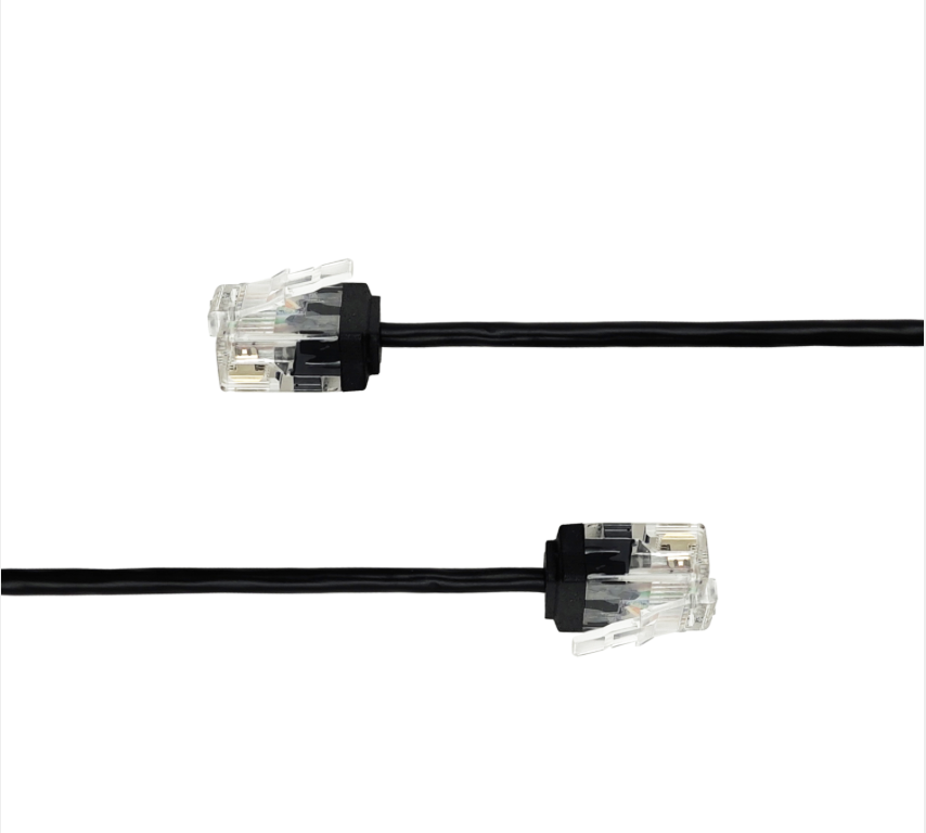 Two black phone cables with clear connectors on a white background