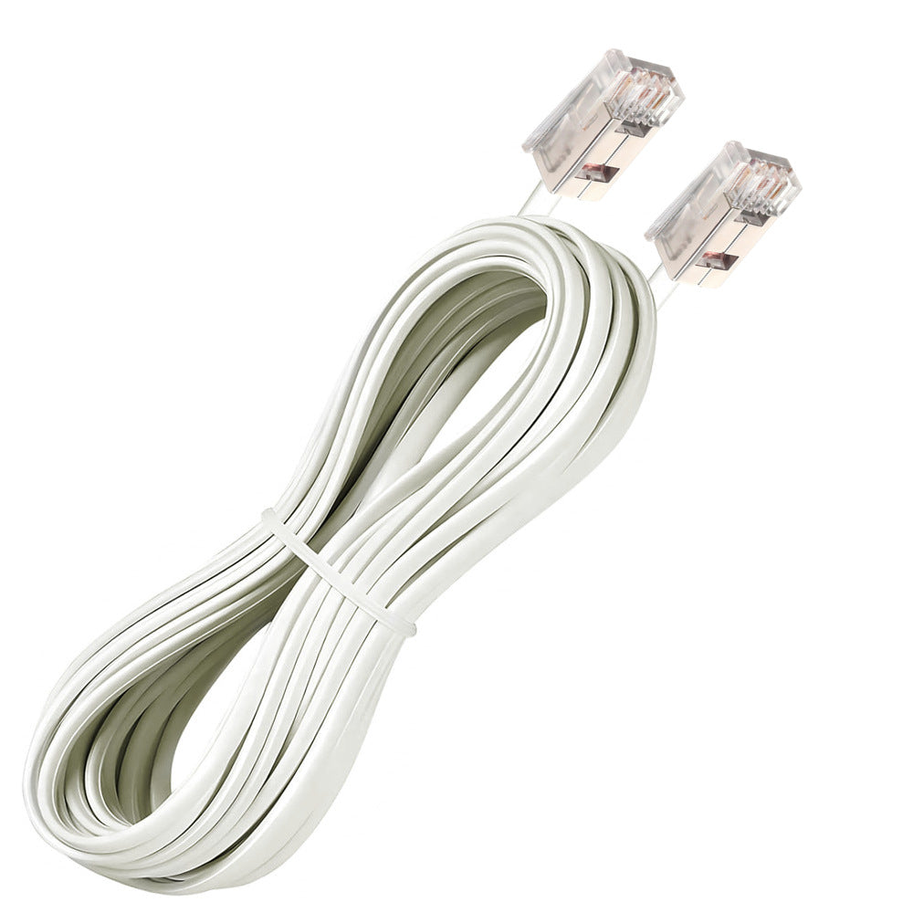 White Ethernet cable with two connectors on a white background