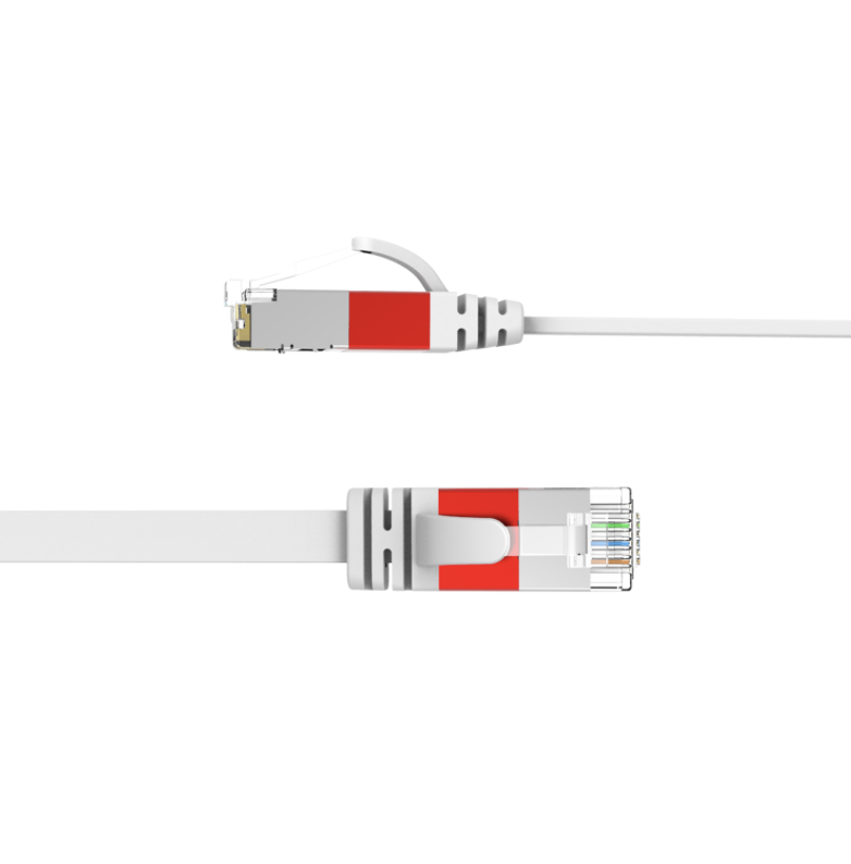 Ethernet cable with red and white connectors on a white background
