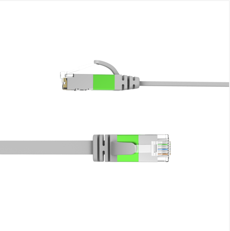 Ethernet cable with green and gray connectors on a white background