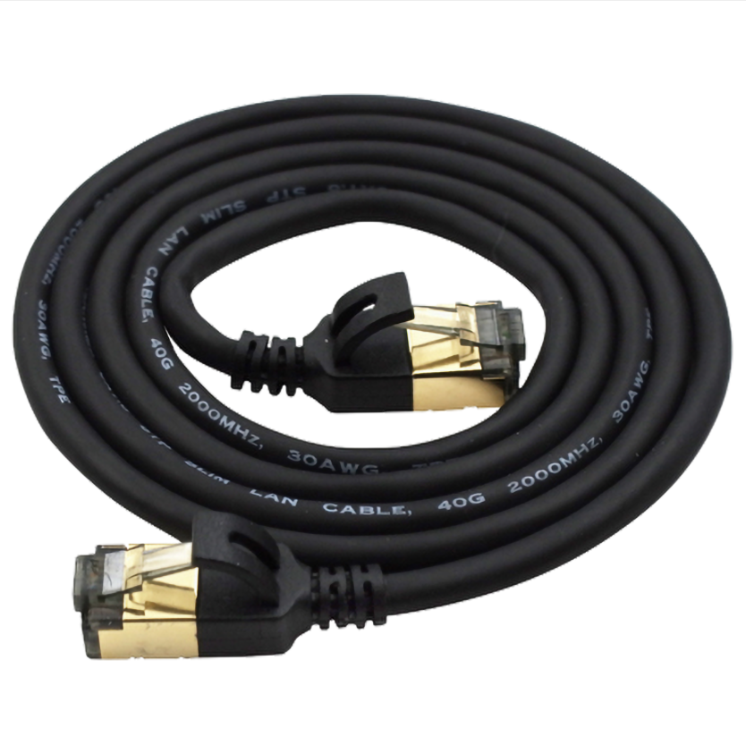 Black Ethernet cable with gold connectors on a white background