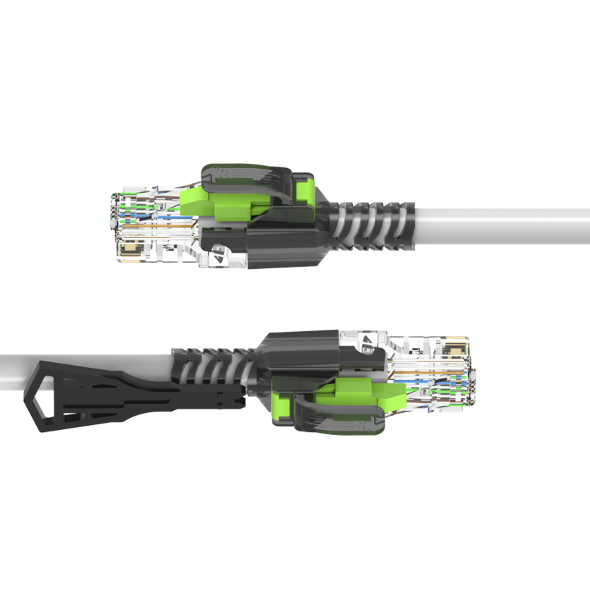 Two Ethernet cables with connectors on a white background