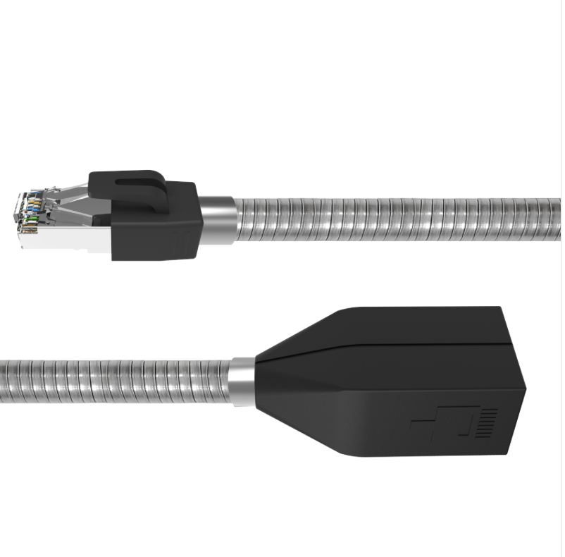 Close-up of steel armor sheath and inline extension housing on a drag-chain rated CAT6A S/FTP cable.