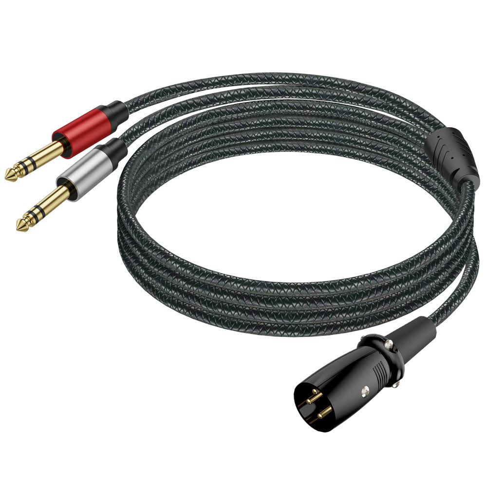 A black braided audio adapter cable with a 3.5mm jack on one end and a black XLR connector on the other, featuring gold-plated contacts and red and silver plug accents, shown on a white background.