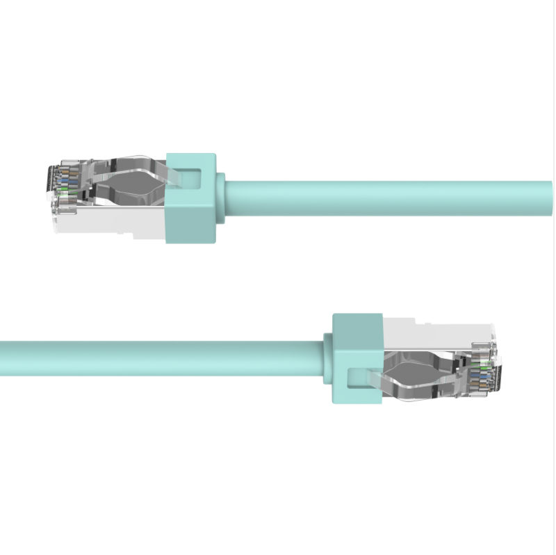 Close-up of tangle-free molded RJ45 connector on teal CAT6A shielded Ethernet cable.