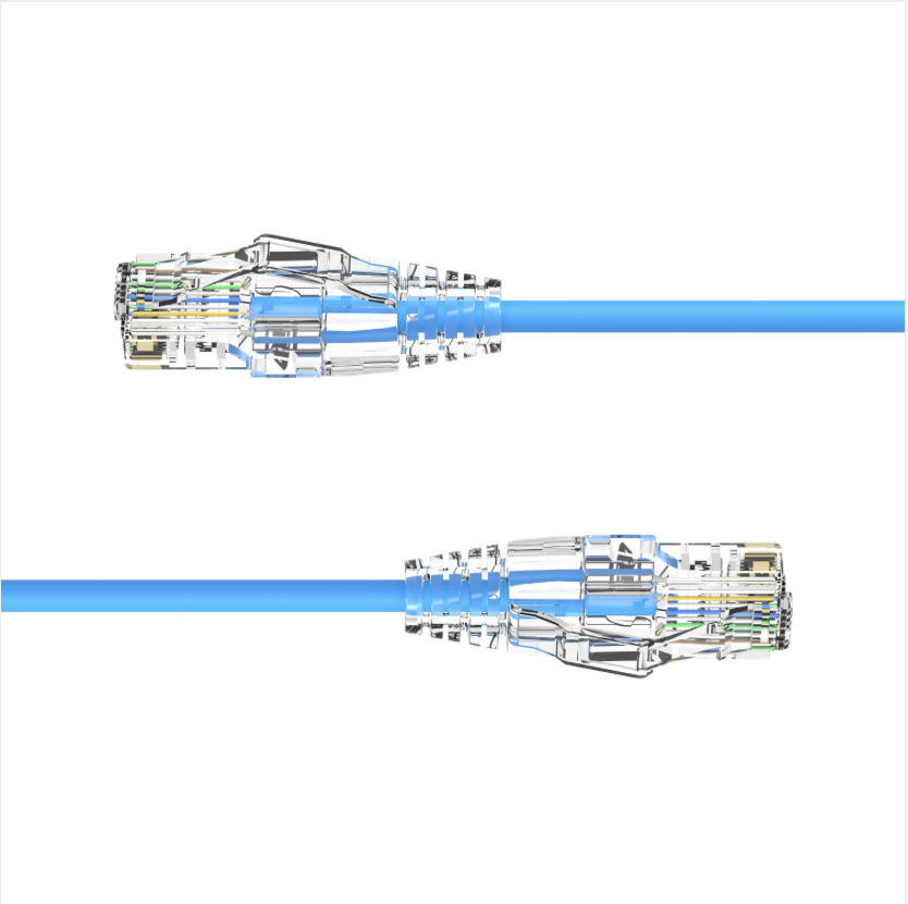 Blue Ethernet cable with clear connector on a white background