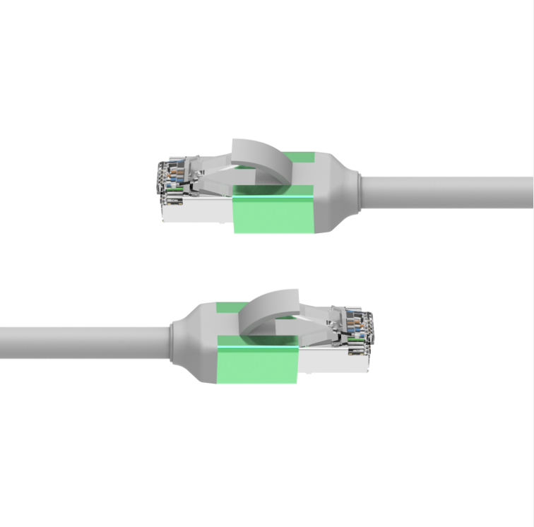 Two Ethernet cables with green indicator lights on a white background