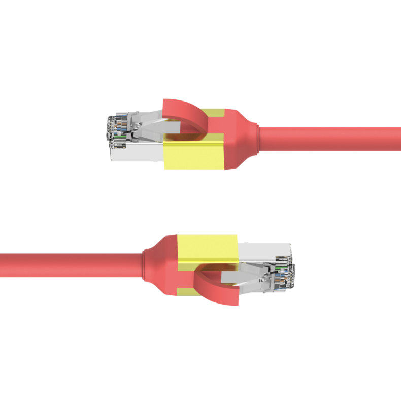 Two red Ethernet cables with yellow striped connectors on a white background