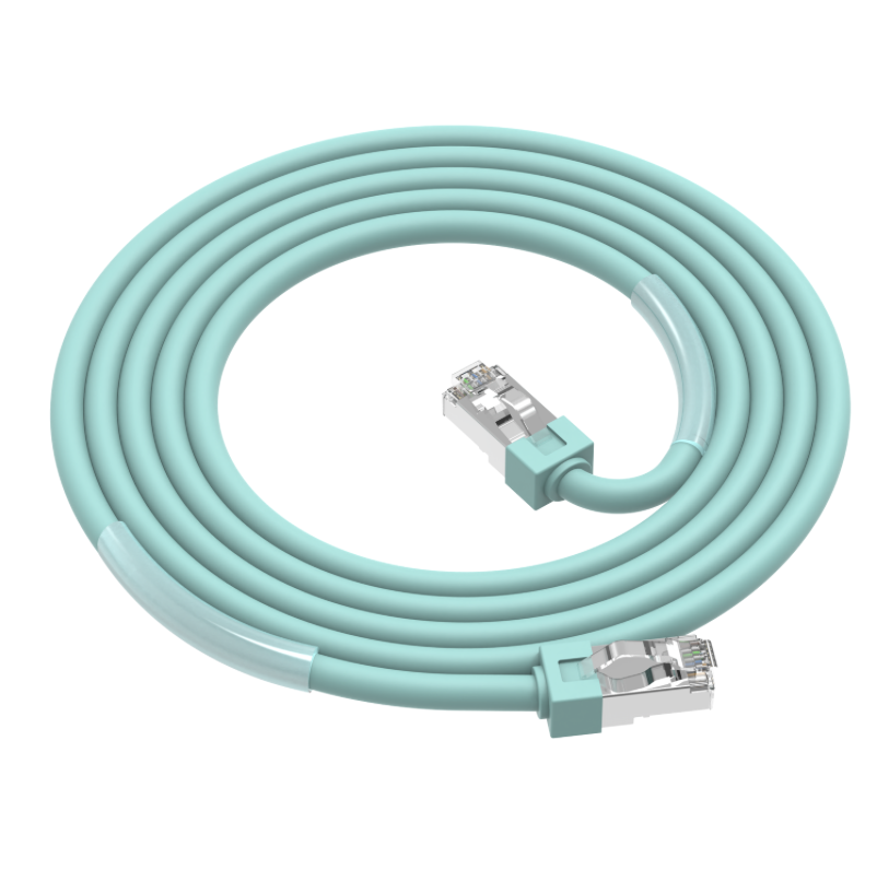 Coiled industrial CAT6A 10G Ethernet cable showing flexible TPE jacket and shielded connectors.
