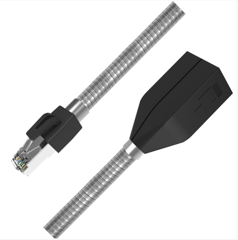 Coiled steel-armored CAT6A 10G extension cable with inline housing and shielded RJ45 connector 