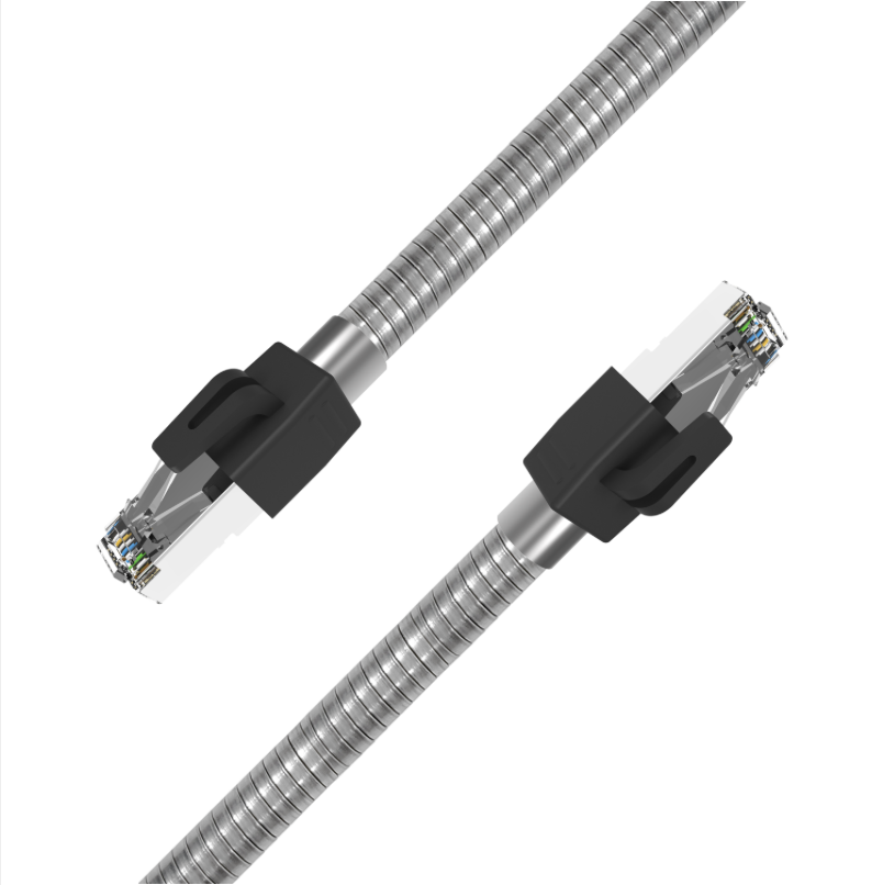 Coiled steel-armored CAT6A S/FTP 10G Ethernet cable with shielded RJ45 connectors 