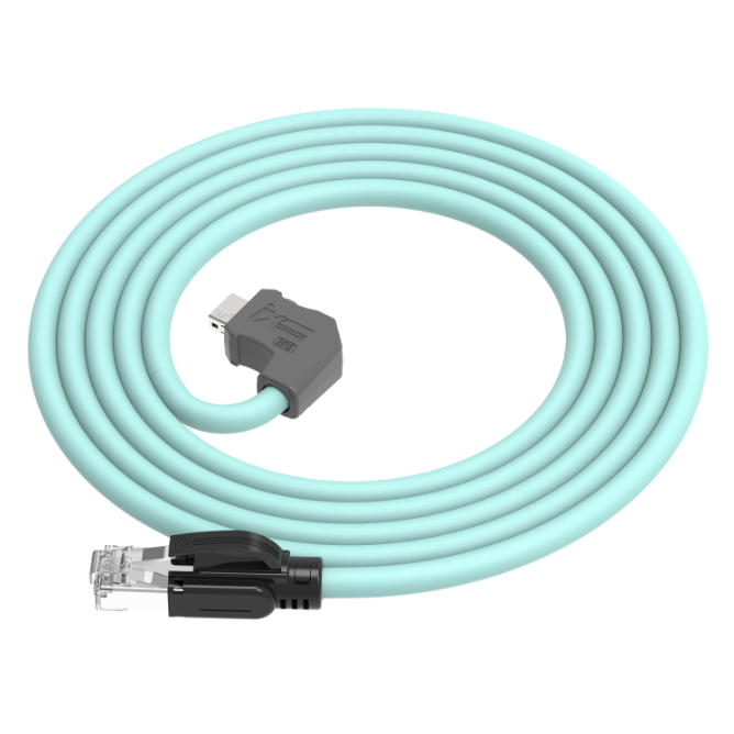 Light blue cable with gray connector and black Ethernet connector on a white background