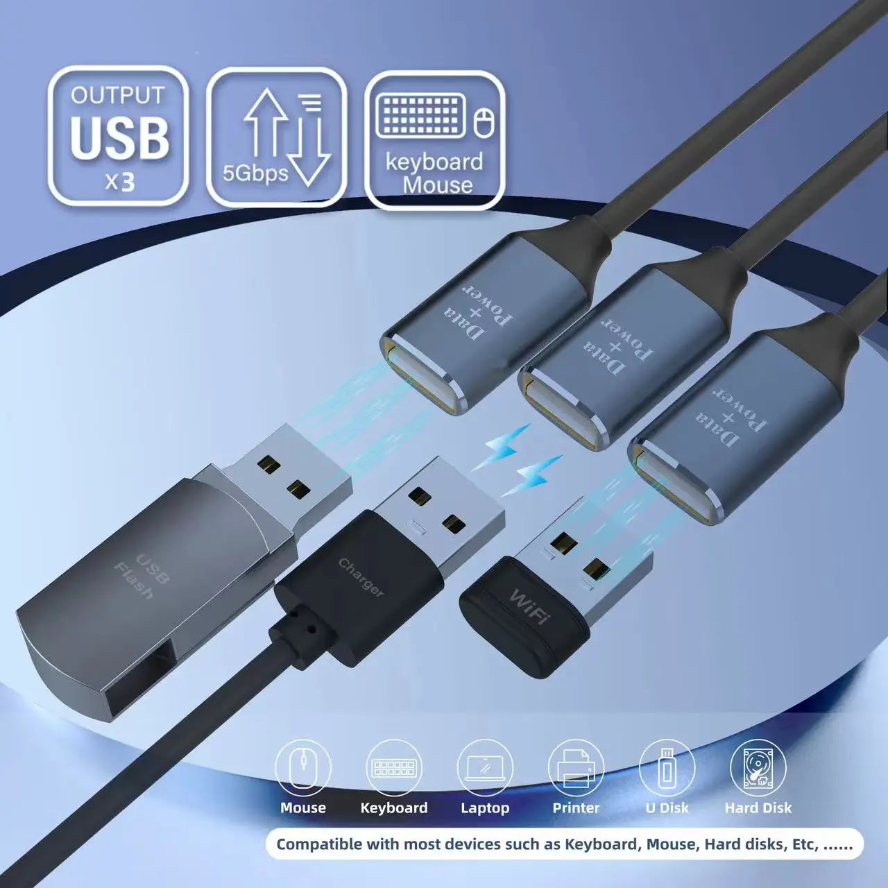 USB 2.0 hub cable with aluminium housing
