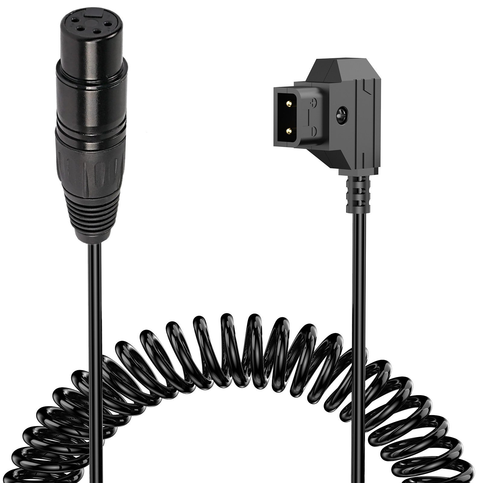 A black coiled D-Tap to 4-Pin XLR cable, with a male to female power supply battery adapter.