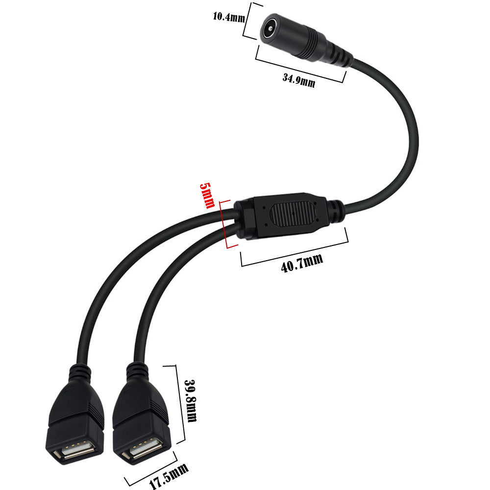 DC 5.5x2.1mm female to dual USB 2.0 female power cable