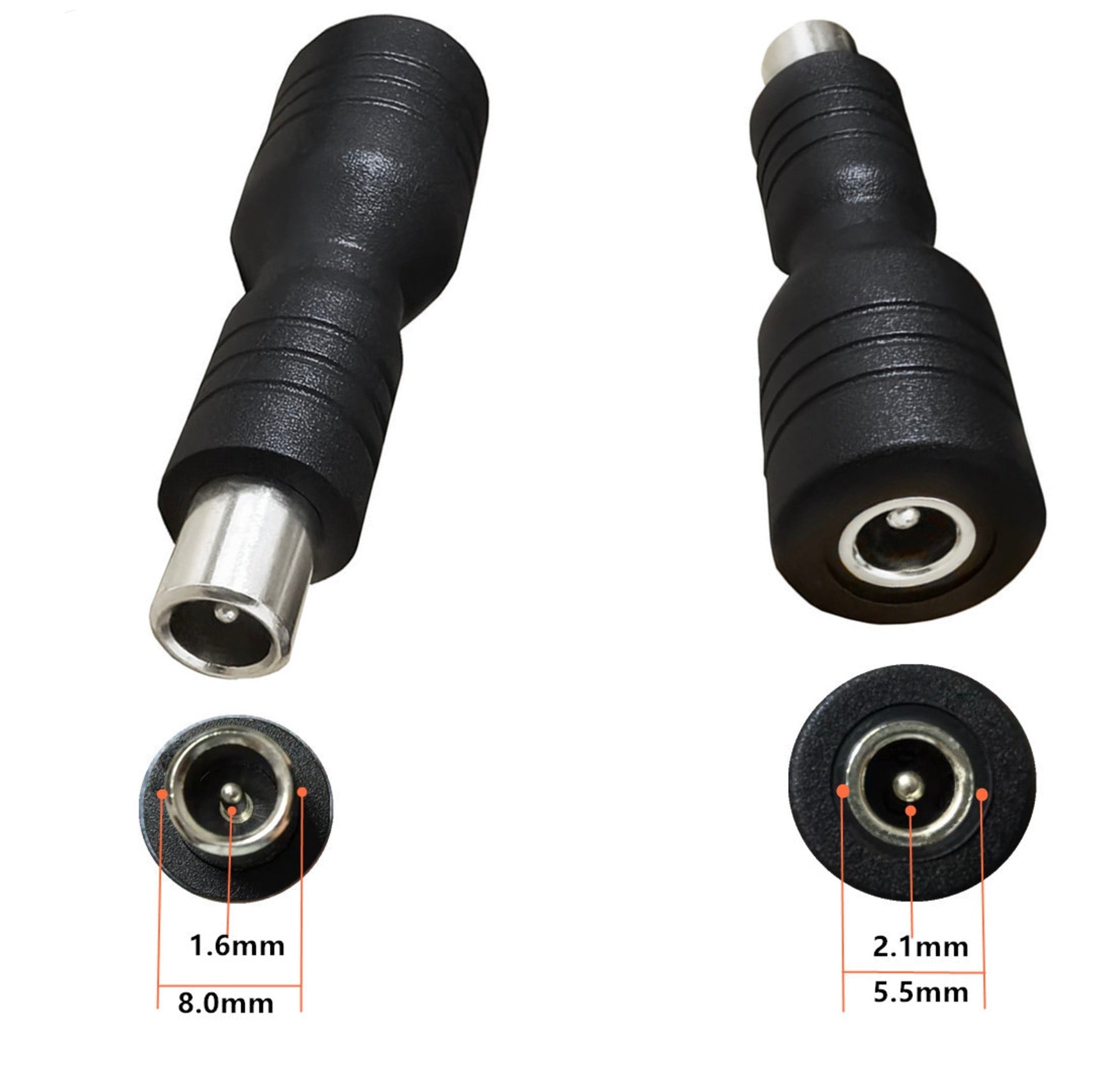 Two black connectors with detailed measurements on a white background