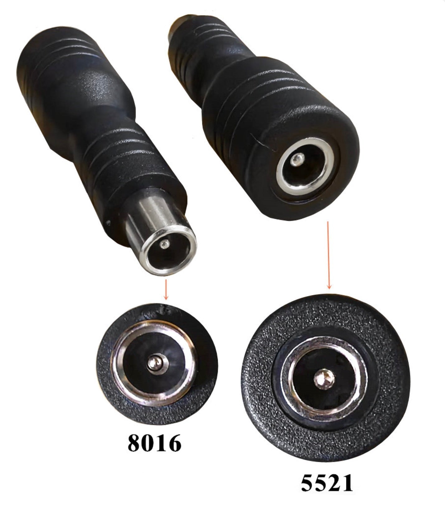 Two black DC power connectors with metallic ends on a white background.