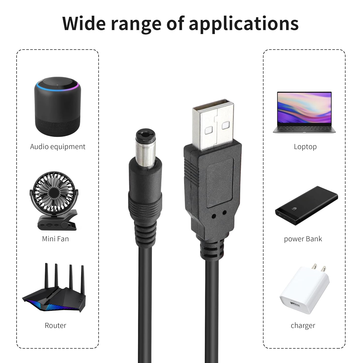 Black power cable with various electronic devices it can be used with on a white background.