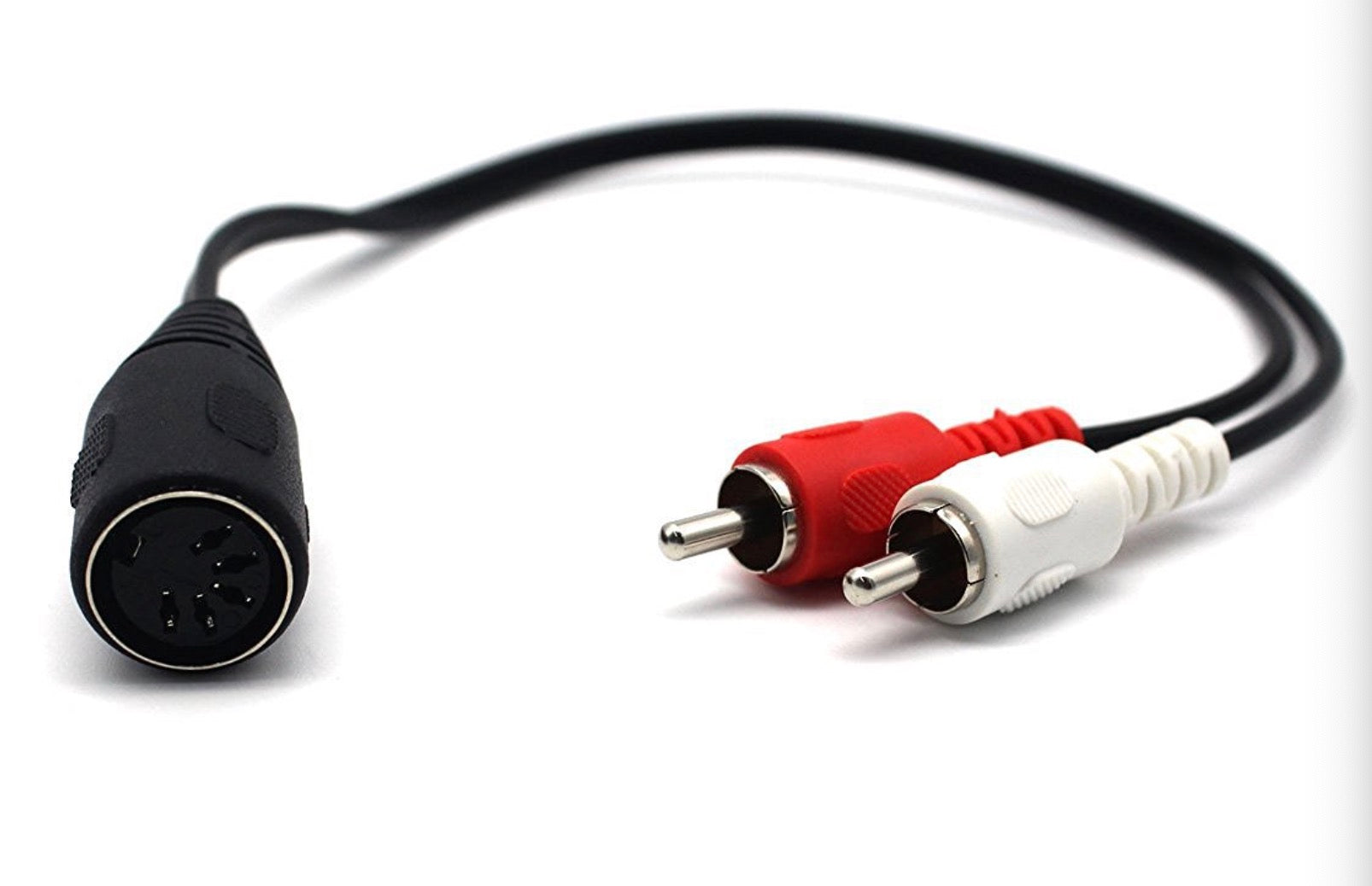 5-pin DIN socket to RCA phono male stereo adapter cable close-up
