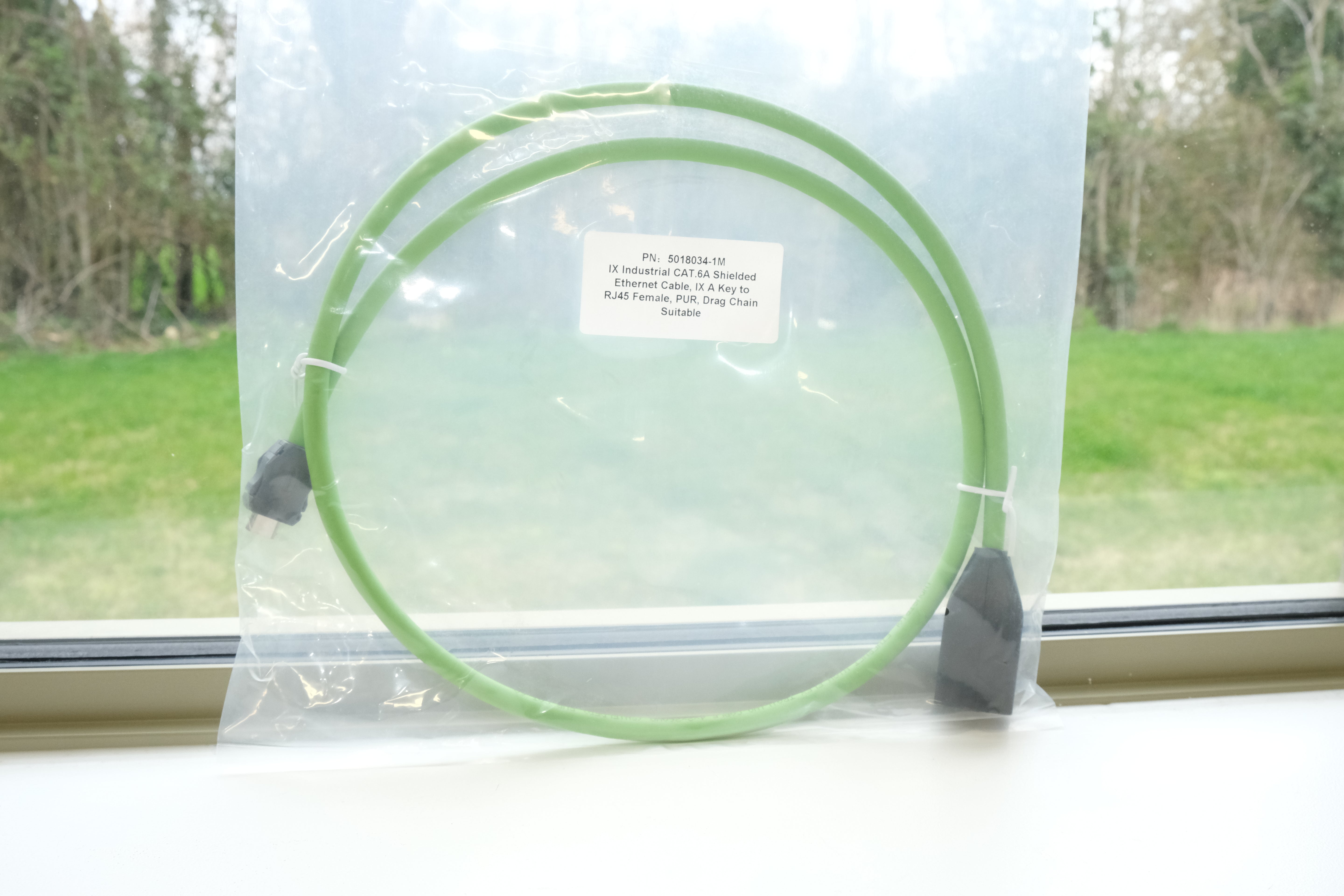 Green hoop in a clear plastic bag on a windowsill with trees outside.