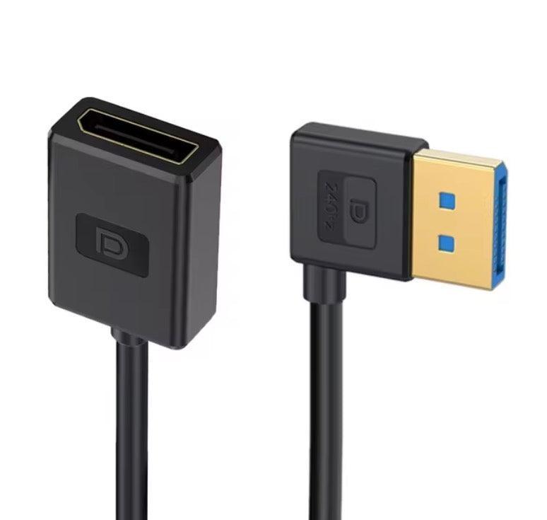 A black DisplayPort male to female silicone extension cable with a right angle connector on one end and a standard DisplayPort connector on the other.