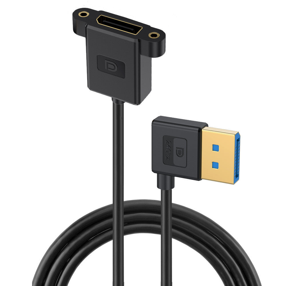 A black silicone extension cable with a male DisplayPort connector on one end and a female DisplayPort connector on the other, with a right angle bend in the middle.