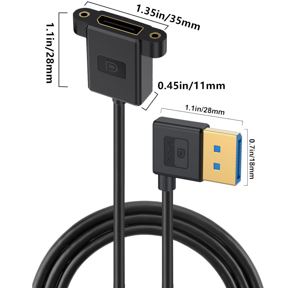 DisplayPort 1.4 right angle male to female panel mount extension cable