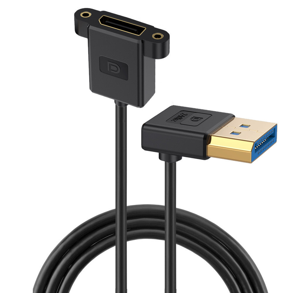 A black silicone extension cable with a male DisplayPort connector on one end and a female USB-C connector on the other, with a gold-colored up angle connector in the middle.